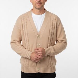 Vintage 70s Male Duds Beige Cable Knit Grandpa Cardigan Sweater Mens M